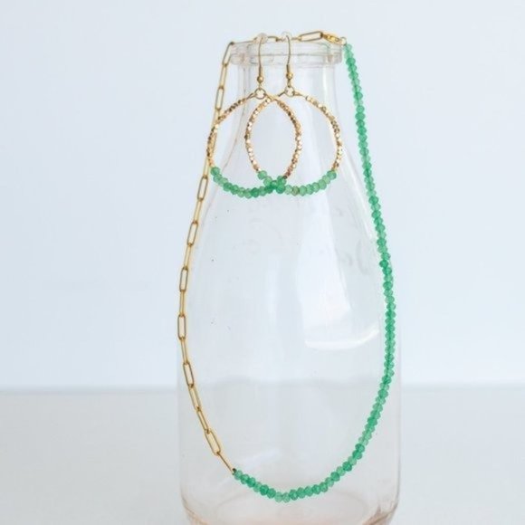 BUNDLE EARRING AND NECKLACE Green Aventurine Sparkly hoops half paperclip chain - Picture 4 of 16